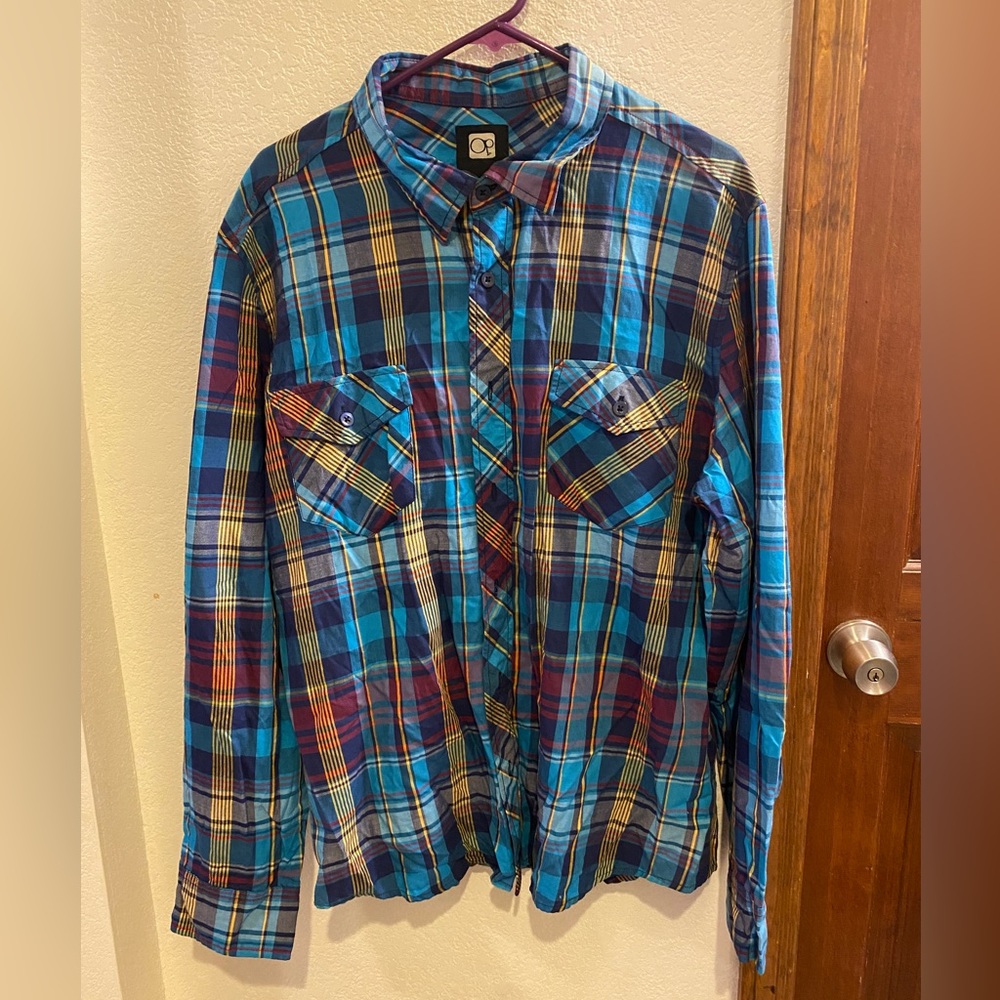 Classic Ocean Pacific OP Button Down Long Sleeve Casual Shirt Turquoise Combo